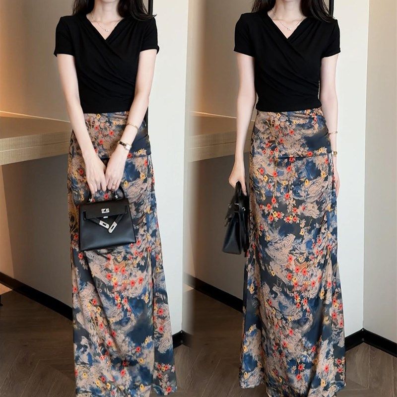 2025夏季新款V领修身短袖上衣印花裙两件套时髦套装,淘宝优惠券,粉丝福利购,淘宝优惠卷