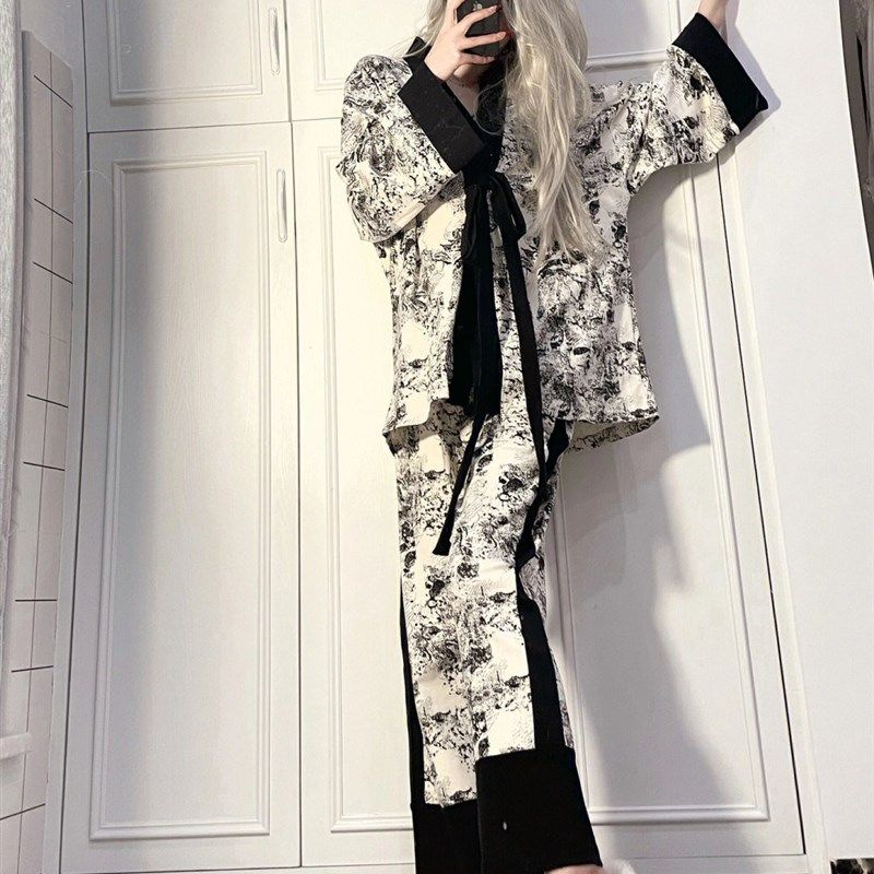 国风水墨画印花长袖睡衣女春秋季新款高级吊带长裤家居服三件套装,淘宝优惠券,粉丝福利购,淘宝优惠卷