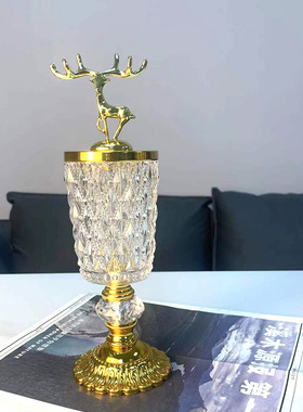 北欧水晶玻璃储物罐带盖欧式金色茶几托盘站鹿糖果罐家居收纳摆件