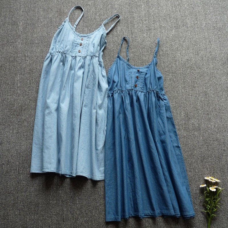 小清新牛仔吊带裙 森女文艺纯棉布连衣裙高腰A字裙外穿度假打底裙,淘宝优惠券,粉丝福利购,淘宝优惠卷