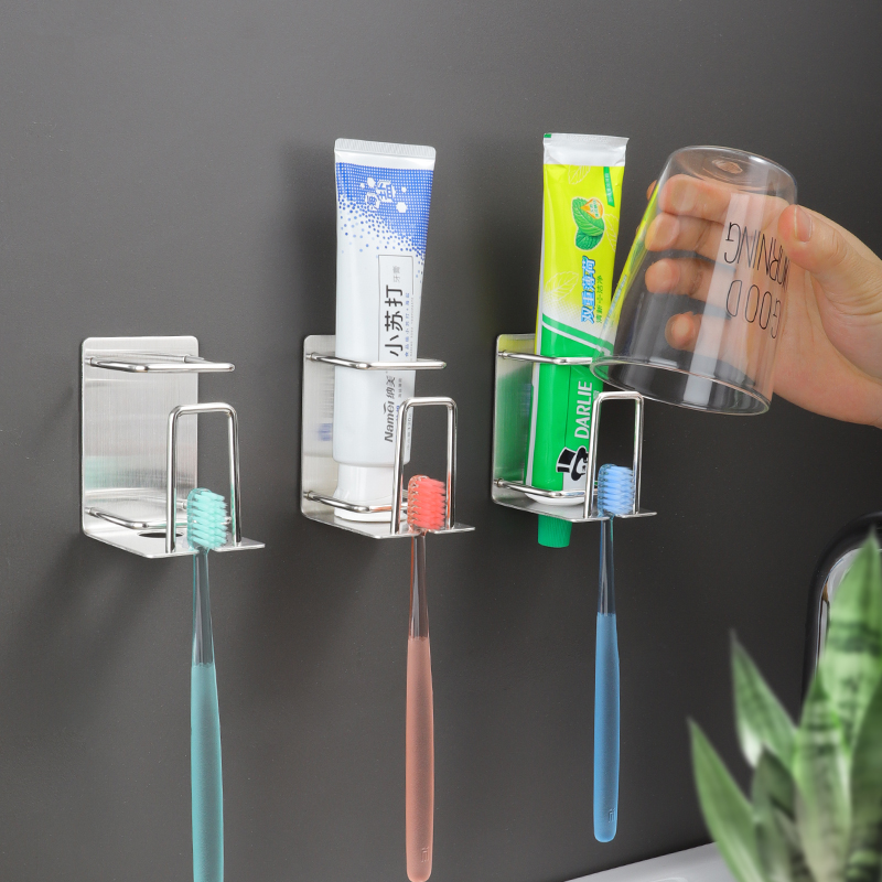 不锈钢牙刷置物架免打孔漱口杯壁挂式卫生间刷牙杯电动牙缸收纳盒-图0