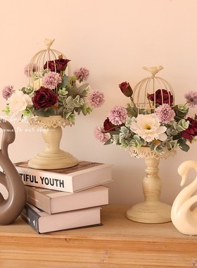 复古花艺鸟笼铁艺摆件客厅插花假花卧室桌面装饰品乔迁新居礼品