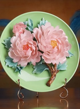 陶瓷牡丹花挂盘纯手工新中式摆件客厅玄关博古架办公室家居装饰品