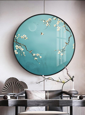 圆形装饰画鸟带灯壁画客厅背景墙中玄关灯挂画饭店墙画