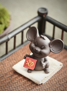 中式紫砂创意个性老鼠车载摆件客厅桌面装饰品办公桌可爱小摆设