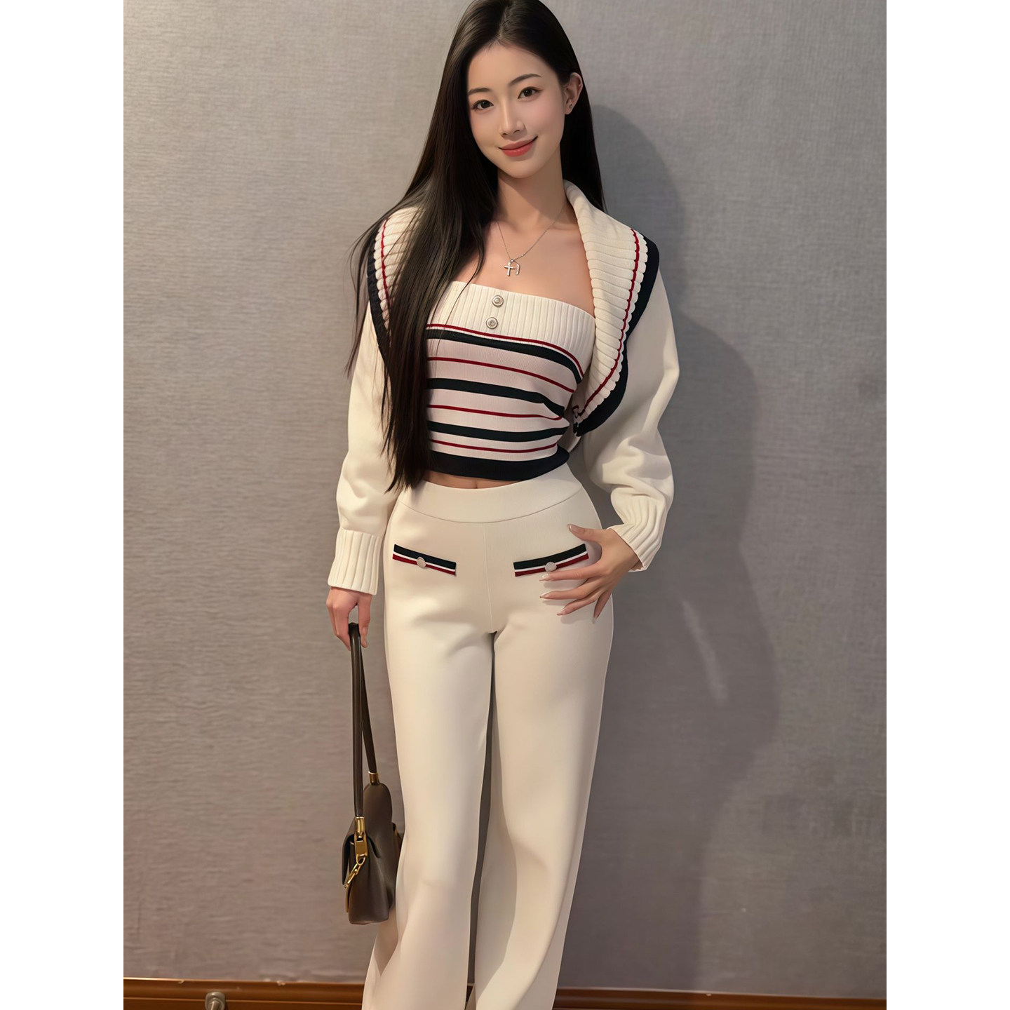 纯欲风抹胸背心条纹短款针织外套搭配白色长裤子套装女修身两件套,淘宝优惠券,粉丝福利购,淘宝优惠卷
