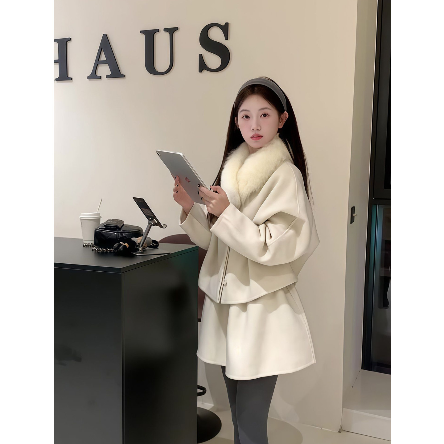 轻奢毛呢外套+显瘦半身裙两件套女宽松短款毛领白色a字裙子两件套,淘宝优惠券,粉丝福利购,淘宝优惠卷