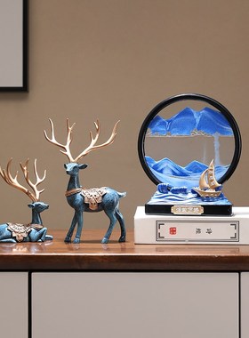 3D流沙画摆件客厅新中式麋鹿电视柜玄关酒柜装饰品新房子乔迁礼物