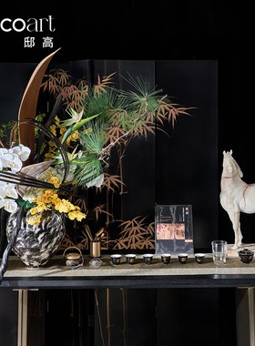 中式茶空间深夜小茶馆氛围布置水墨银色陶瓷大花瓶插花装饰品摆件