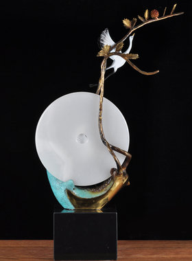 彩铜平安双鹤摆件玉石平安扣黄铜松鹤家居客厅玄关装饰品乔迁礼品