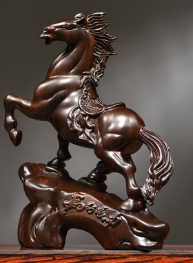 黑檀木雕马摆件实木新中式马到成功家居客厅书房办公桌面装饰礼品