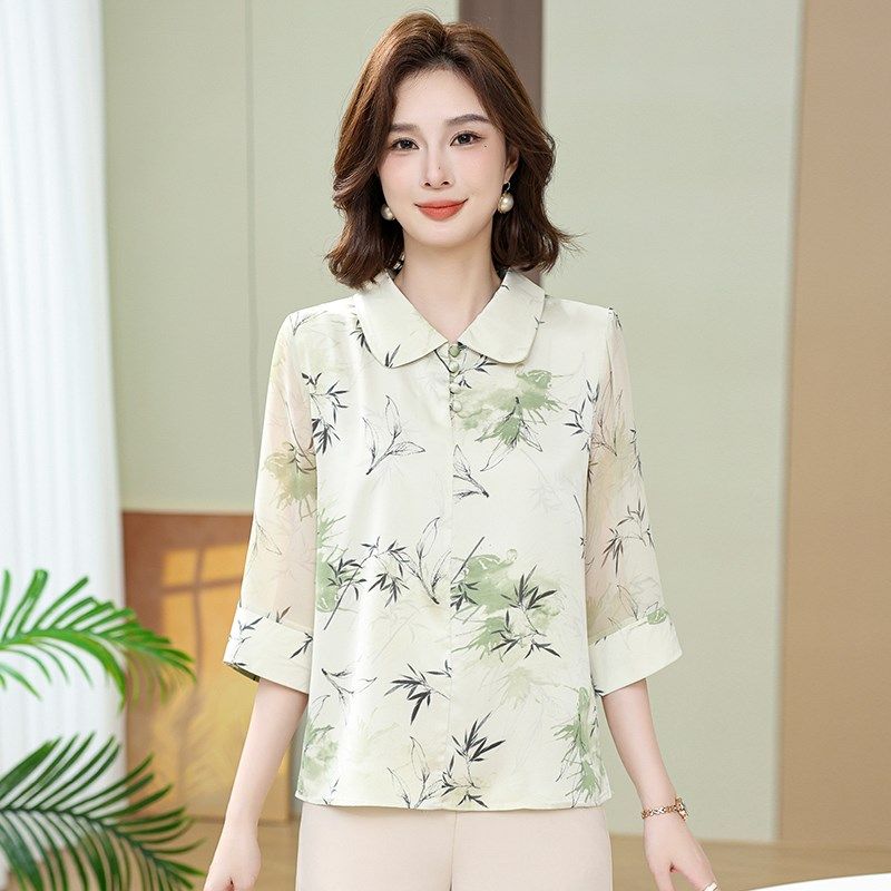 中年妈妈夏装七分袖上衣洋气套装40岁50中老年女装春秋款雪纺衬衫,淘宝优惠券,粉丝福利购,淘宝优惠卷
