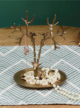 纯铜项链首饰架麋鹿轻奢化妆台装饰收纳盘欧美式北欧做旧玄关摆件