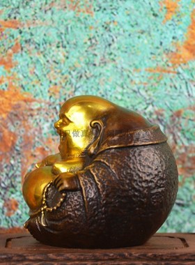 纯黄铜小弥勒佛车载摆件元宝卧佛大肚弥勒笑佛客厅办公室家居装饰