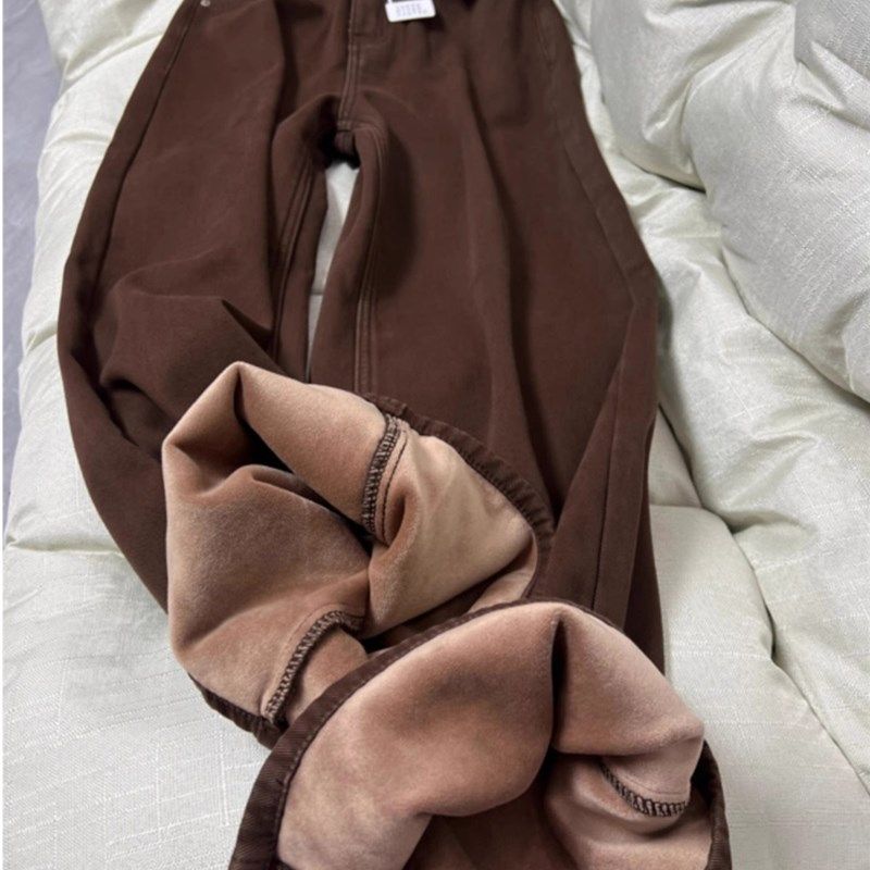 美式咖啡棕色加绒牛仔裤女秋冬高腰显瘦宽松垂感直筒拖地阔腿裤子,淘宝优惠券,粉丝福利购,淘宝优惠卷