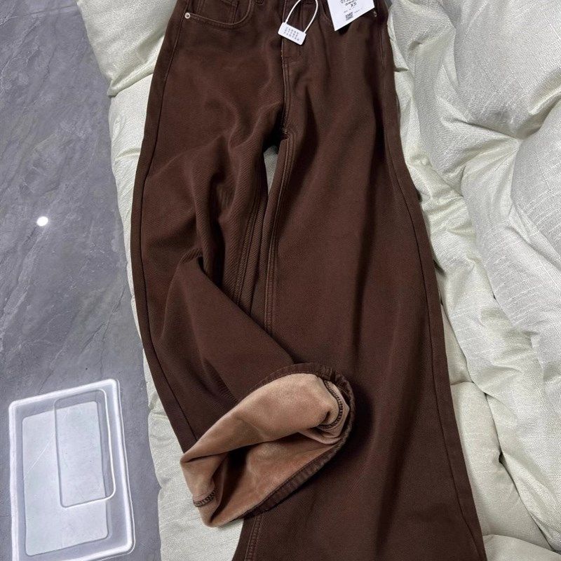 美式咖啡棕色加绒牛仔裤女秋冬高腰显瘦宽松垂感直筒拖地阔腿裤子,淘宝优惠券,粉丝福利购,淘宝优惠卷