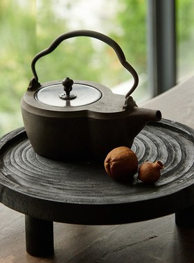 高级复古黑色泡桐木层叠烛台圆形果盘摆件客厅样板间居家艺术装饰