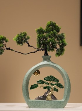 新中式客厅玄关茶几电视酒柜办公室装饰品迎客松花瓶摆件乔迁礼品