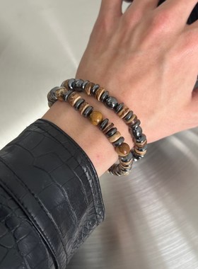 复古做旧串珠手链男款高级感天然黑胆石木珠手串男士手链礼物饰品