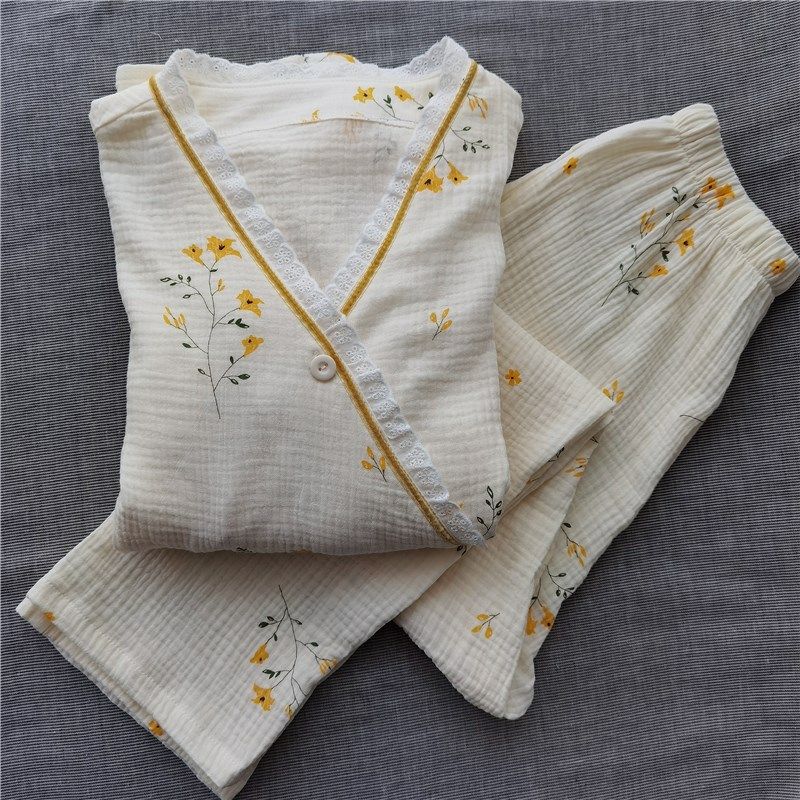 春夏女v领纯棉水洗双层棉纱长袖长裤和服家居服睡衣套装汉服花边,淘宝优惠券,粉丝福利购,淘宝优惠卷