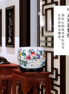 景德镇陶瓷器五子登科聚宝盆中式玄关酒柜家居客厅装饰工艺品摆件