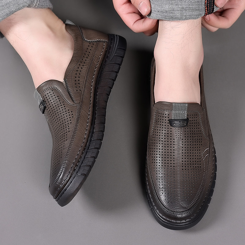 男鞋2023夏季新款潮流真皮休闲鞋镂空软底洞洞男士凉鞋中年爸爸鞋,淘宝优惠券,粉丝福利购,淘宝优惠卷