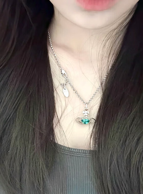 Vivienne西太后土星项链女小众高级感轻奢吊坠薄荷绿飞碟锁骨链