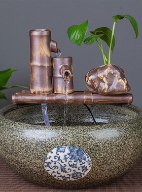 流水鱼缸造景循环养鱼竹子水池复古微景观装饰家居