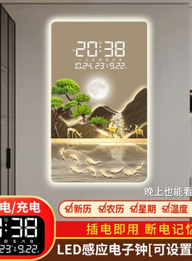 精梭迎客松夜光装饰画电子钟家庭客厅电视背景墙数显静音时钟