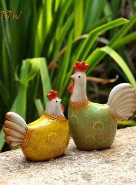 美式乡村陶瓷高温釉面对鸡摆件开业店铺装饰品礼物