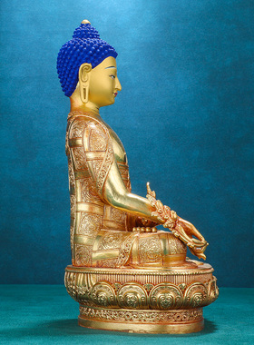 药师佛佛像摆件纯铜仿尼泊尔精工全鎏金雕花藏密宗琉璃光如来佛像