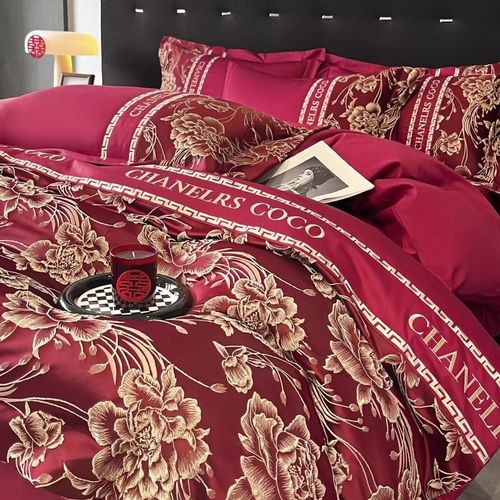 高档中式结婚四件套大红色新婚床单被套纯棉婚庆床上用品婚房陪嫁 - 图2