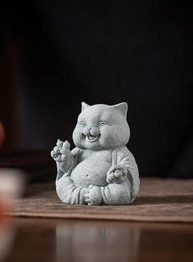 创意招财福猫治愈系茶宠摆件可爱开心猫茶室茶桌鱼缸造景桌面装饰