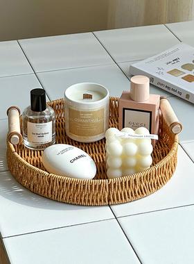 拍照道具韩系仿藤编收纳托盘香薰木质手柄装饰摆件收纳筐展示