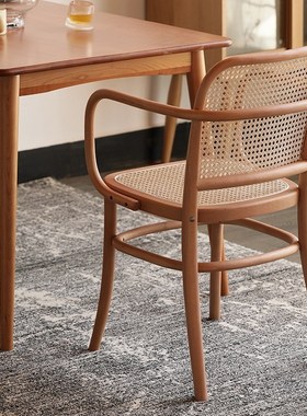 北欧实木藤编餐椅餐厅咖啡厅现代简约休闲原木书桌家用靠背椅子