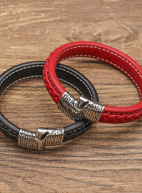 复古民族风皮绳手链红色本命年转运手环送男女朋友礼物手镯可刻字