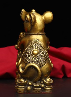 黄铜老鼠摆件纯铜聚宝盆鼠生肖鼠元宝福禄鼠五鼠运财客厅桌面装饰