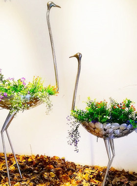 不锈钢镂空鸵鸟雕塑创意个性动物落地摆件花篮抽象园林景观装饰品