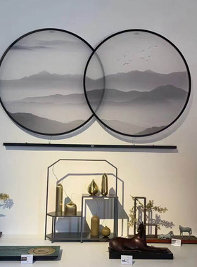 新圆形灯画屏风玄关山水发光纱画丝绢半饰挂画