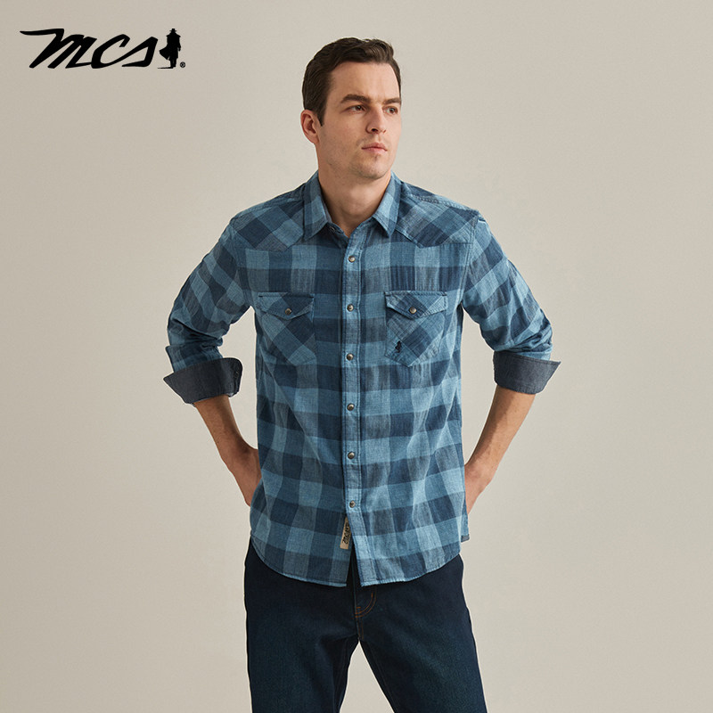 MCS男装源自万宝路春秋款合身休闲格子长袖牛仔衬衫舒适透气衬衣,淘宝优惠券,粉丝福利购,淘宝优惠卷