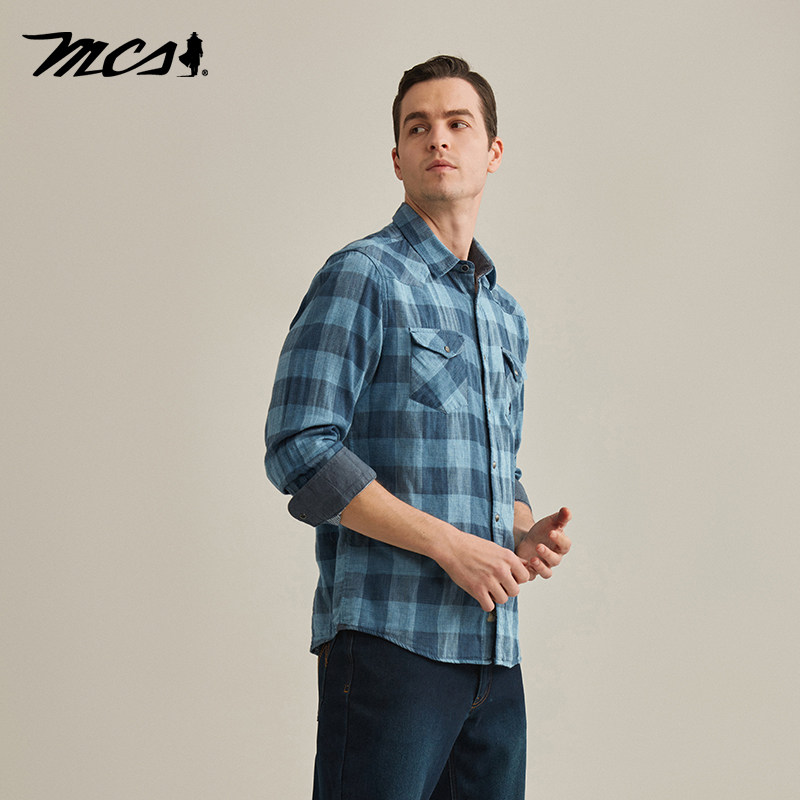 MCS男装源自万宝路春秋款合身休闲格子长袖牛仔衬衫舒适透气衬衣,淘宝优惠券,粉丝福利购,淘宝优惠卷