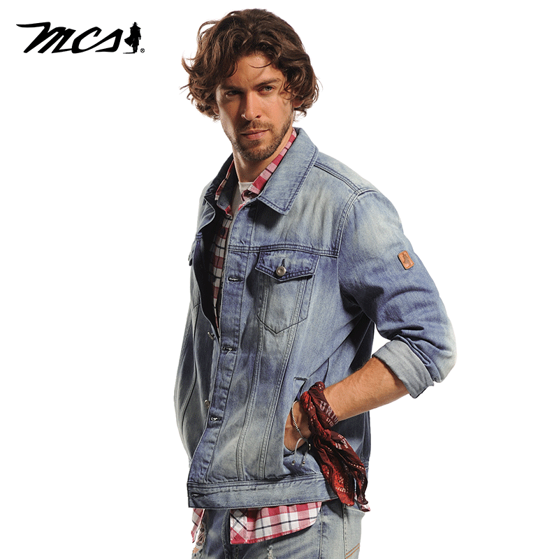 MCS男装源自万宝路纯棉翻领纽扣牛仔外套男士春秋经典休闲夹克男 - 图1