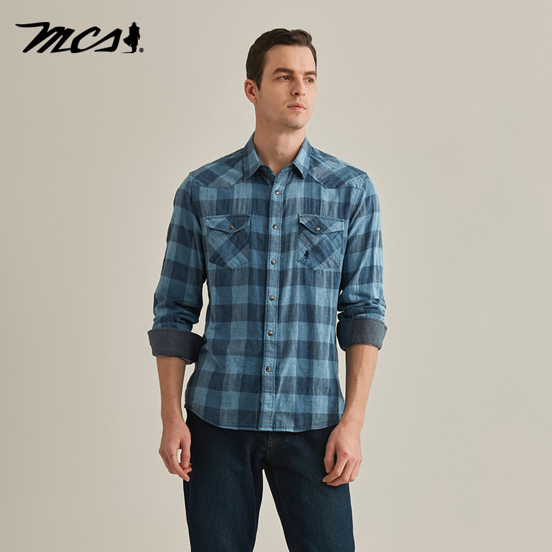 MCS男装源自万宝路春秋款合身休闲格子长袖牛仔衬衫舒适透气衬衣,淘宝优惠券,粉丝福利购,淘宝优惠卷