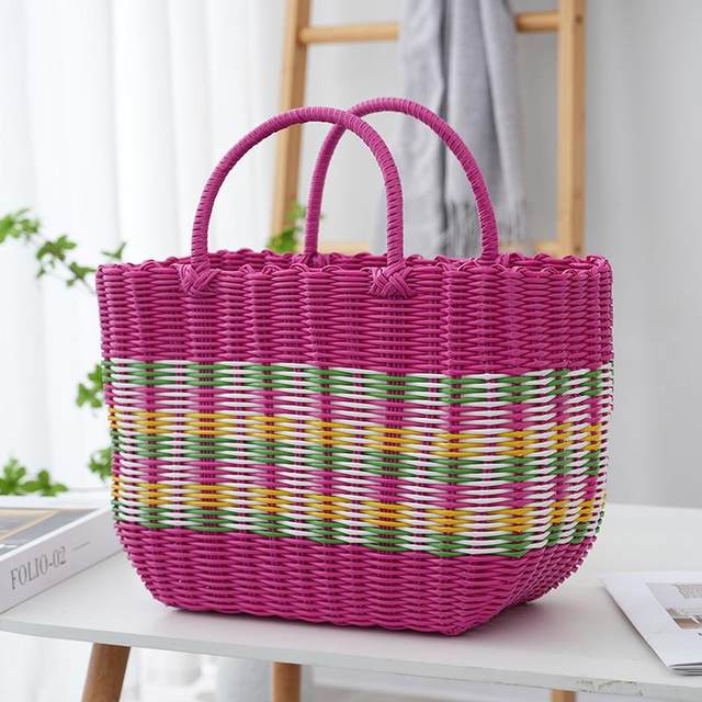 Plastic woven shopping basket colorful handmade vegetables basket bag grocery shopping bath basket bathroom rattan bathroom basket storage picnic