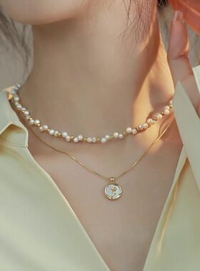 YELFSO双层叠戴玫瑰花吊坠珍珠项链女款轻奢设计感锁骨链爆款颈链