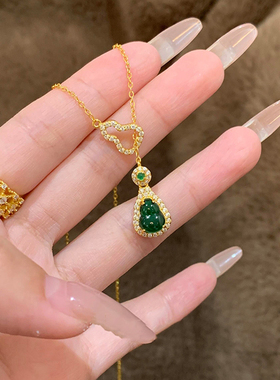 福禄绵绵锁骨链中式小众国风绿翡翠玉葫芦项链吊坠锁骨