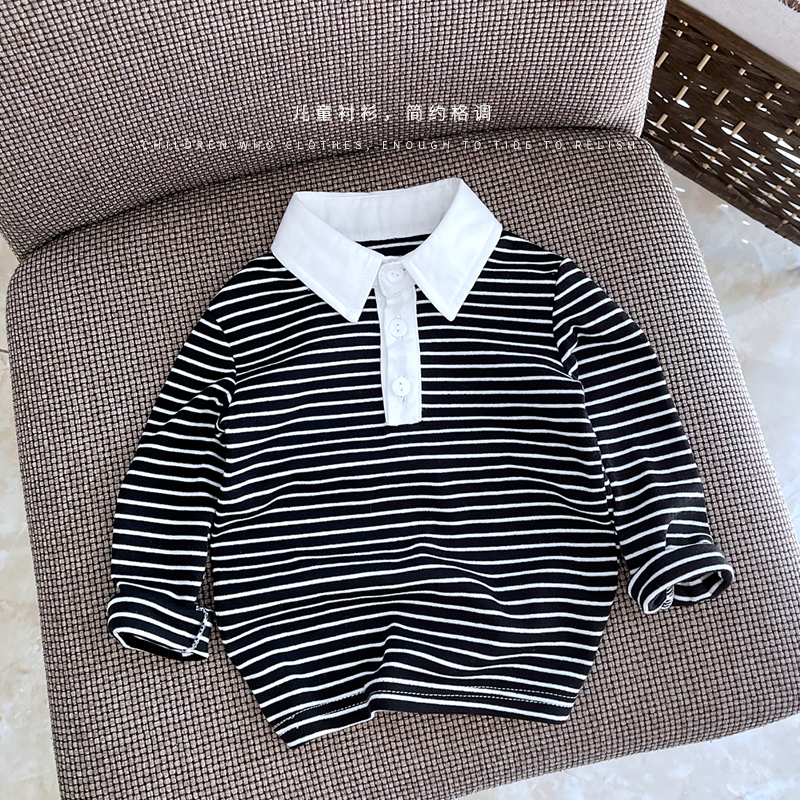 温雅学院腔调儿童新款长袖条纹衬衫宝宝男女童白色翻领T恤打底衫 - 图1