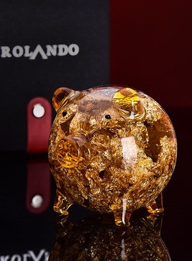 法兰晶创意礼物金箔玻璃金猪摆件装饰品工艺品祝福礼品摆件礼盒装