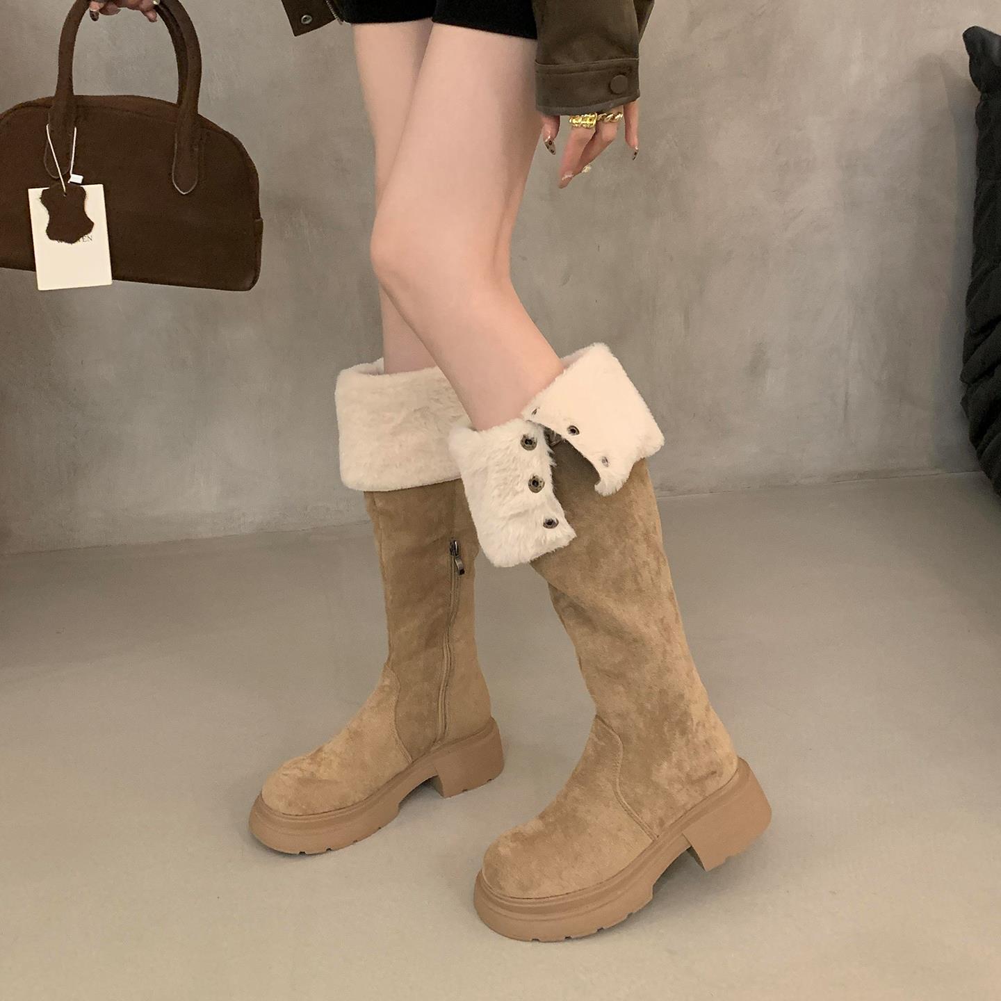 羊羔毛长筒靴雪地靴子女2025冬新款小个子厚底增高保暖加绒骑士靴 - 图1