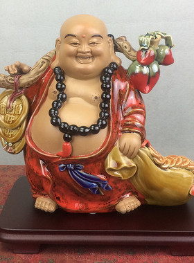 布袋佛小担金笑佛客厅酒柜陶瓷石湾公仔办公室招财装饰品